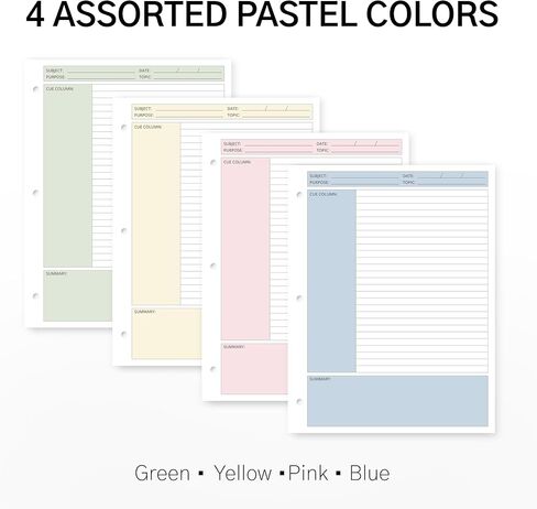 Cornell Notes Filler Paper, 8.5 x 11 Inch, 100 Sheets, 4 Assorted Pastel Colors, 3-Hole Punched, 100 GSM, Loose Leaf Note-Taking Paper for School, College & Office in Kuwait