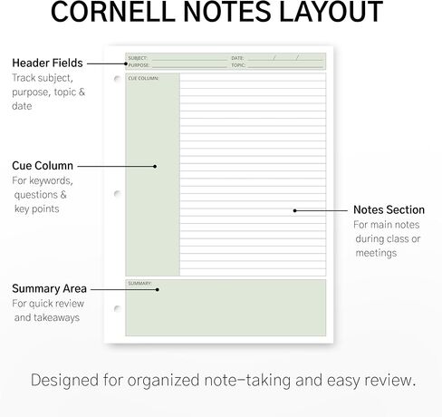Cornell Notes Filler Paper, 8.5 x 11 Inch, 100 Sheets, 4 Assorted Pastel Colors, 3-Hole Punched, 100 GSM, Loose Leaf Note-Taking Paper for School, College & Office in Kuwait