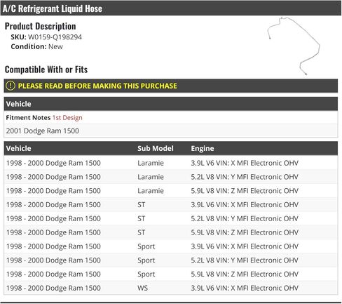 خرطوم سائل مكيف الهواء من Marketplace Auto Parts - متوافق مع 1998-2001 Dodge Ram 1500 in Kuwait