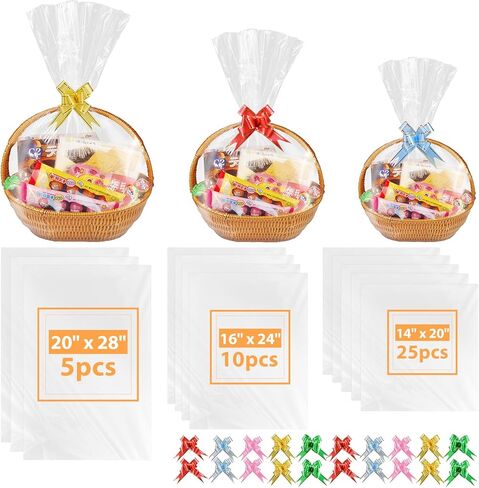 90PCS Shrink Wrap Bags for Christmas Gift Basket 20x28 16x24 14x20in 3 Sizes Cellophane Bags with 5Color Pull Bows Large Clear Plastic Heat Shrink Bag for Halloween Easter Valentine's Day Mother's Day in Kuwait