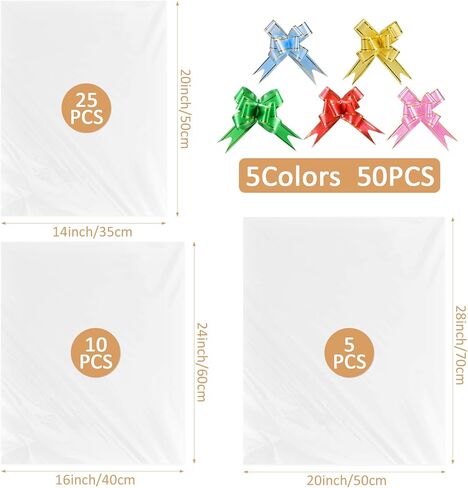 90PCS Shrink Wrap Bags for Christmas Gift Basket 20x28 16x24 14x20in 3 Sizes Cellophane Bags with 5Color Pull Bows Large Clear Plastic Heat Shrink Bag for Halloween Easter Valentine's Day Mother's Day in Kuwait