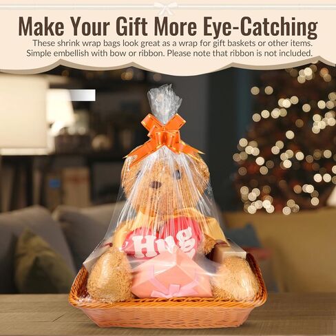 90PCS Shrink Wrap Bags for Christmas Gift Basket 20x28 16x24 14x20in 3 Sizes Cellophane Bags with 5Color Pull Bows Large Clear Plastic Heat Shrink Bag for Halloween Easter Valentine's Day Mother's Day in Kuwait