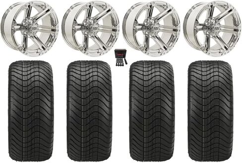 الحزمة - 9 عناصر: إطارات GTW Spectre مقاس 14 بوصة لعربة الجولف Chrome Elite 215x35-14 [لعربات Yamaha Golf] in Kuwait