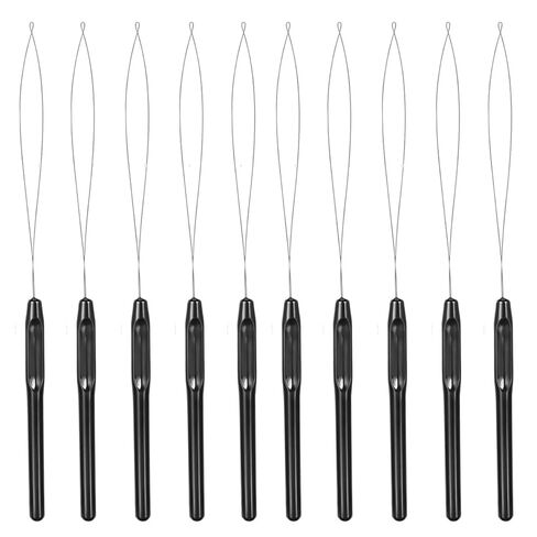 10 Pcs Hair Extension Loop Needle Threader, Wire Pulling Hook Tool and Bead Device Micro Links Kit for Hair and Feather Extensions, Black in Kuwait