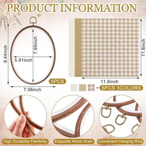 Tudomro 6 Set Embroidery Kit with 9.3 x 6.8 Inch Oval Embroidery Hoop Frame and 11.8 Inch Pre-Cut Cloth Fabric Squares Imitated Wood Cross Stitch Hoop for Craft Sewing Hanging Ornament in Kuwait