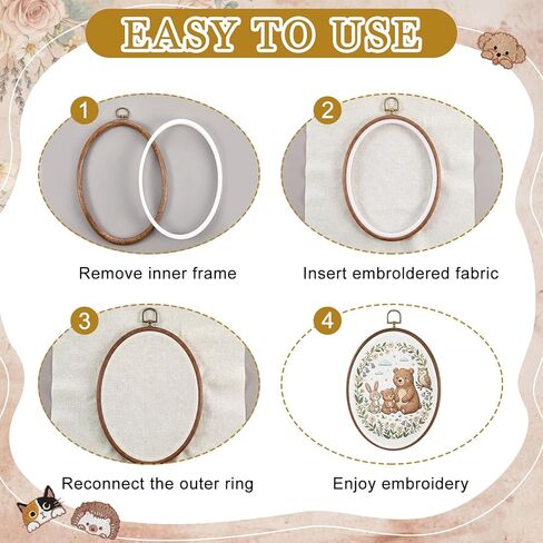 Tudomro 6 Set Embroidery Kit with 9.3 x 6.8 Inch Oval Embroidery Hoop Frame and 11.8 Inch Pre-Cut Cloth Fabric Squares Imitated Wood Cross Stitch Hoop for Craft Sewing Hanging Ornament in Kuwait