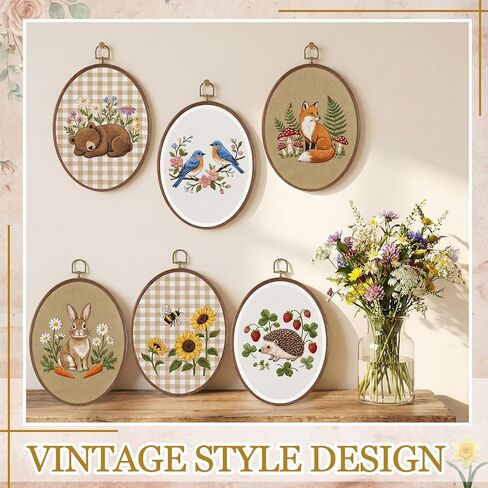 Tudomro 6 Set Embroidery Kit with 9.3 x 6.8 Inch Oval Embroidery Hoop Frame and 11.8 Inch Pre-Cut Cloth Fabric Squares Imitated Wood Cross Stitch Hoop for Craft Sewing Hanging Ornament in Kuwait