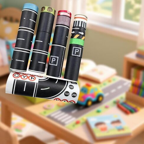 28 Pieces Roadway Tape Decorative Road Car Track Tape DIY Traffic Sign Set Kid's Toys Train Track Tape Paper Material Suitable for Home Entertainment, 300cm in Kuwait