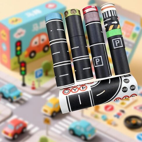 28 Pieces Roadway Tape Decorative Road Car Track Tape DIY Traffic Sign Set Kid's Toys Train Track Tape Paper Material Suitable for Home Entertainment, 300cm in Kuwait
