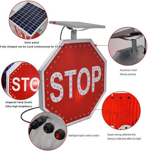 Solar Stop Sign - Solar Powered LED Flashing Octagon Sign with Reflective Sheeting, Waterproof Aluminum Traffic Sign for Outdoor Highway Safety in Kuwait