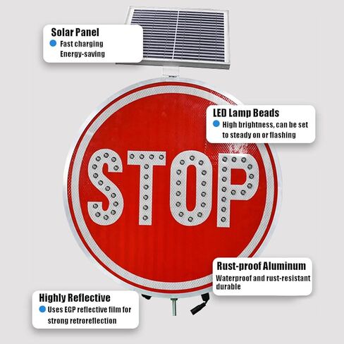 لافتة توقف معدنية مقاومة للصدأ، علامة تحذير وامضة LED تعمل بالطاقة الشمسية مقاس 24 بوصة، مقاومة للطقس، سهلة التركيب، مثالية للشوارع والسلامة المرورية in Kuwait