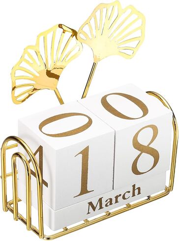 PATIKIL Wooden Perpetual Block Calendar, Golden Decorative Daily Display with Movable Blocks Modern Farmhouse Office Coffee Table Decor for Parties Holiday Wedding, Cut-out Fan-shaped Leaf in Kuwait