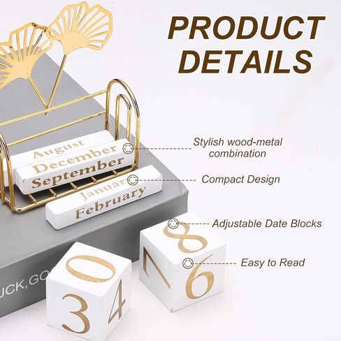 PATIKIL Wooden Perpetual Block Calendar, Golden Decorative Daily Display with Movable Blocks Modern Farmhouse Office Coffee Table Decor for Parties Holiday Wedding, Cut-out Fan-shaped Leaf in Kuwait