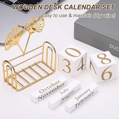 PATIKIL Wooden Perpetual Block Calendar, Golden Decorative Daily Display with Movable Blocks Modern Farmhouse Office Coffee Table Decor for Parties Holiday Wedding, Cut-out Fan-shaped Leaf in Kuwait