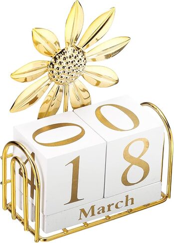 PATIKIL Wooden Perpetual Block Calendar, Golden Decorative Daily Display with Movable Blocks Modern Farmhouse Office Coffee Table Decor for Parties Holidays Wedding, Sunflower in Kuwait