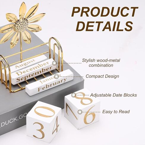 PATIKIL Wooden Perpetual Block Calendar, Golden Decorative Daily Display with Movable Blocks Modern Farmhouse Office Coffee Table Decor for Parties Holidays Wedding, Sunflower in Kuwait