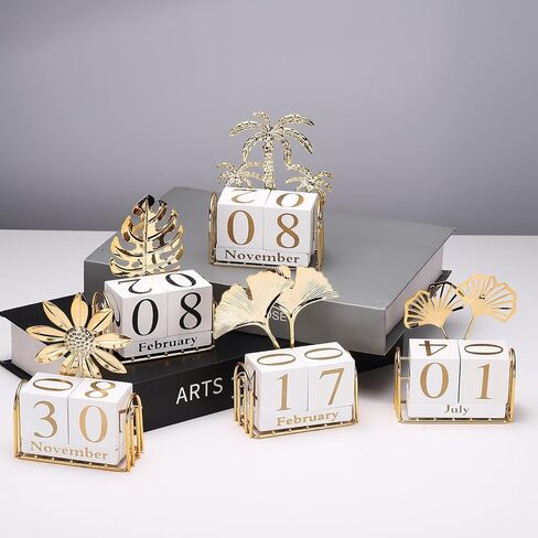 PATIKIL Wooden Perpetual Block Calendar, Golden Decorative Daily Display with Movable Blocks Modern Farmhouse Office Coffee Table Decor for Parties Holidays Wedding, Sunflower in Kuwait
