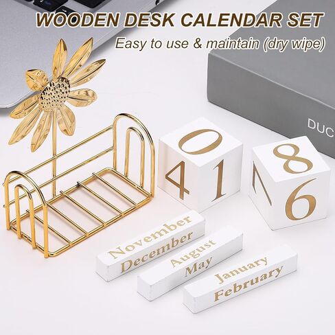 PATIKIL Wooden Perpetual Block Calendar, Golden Decorative Daily Display with Movable Blocks Modern Farmhouse Office Coffee Table Decor for Parties Holidays Wedding, Sunflower in Kuwait