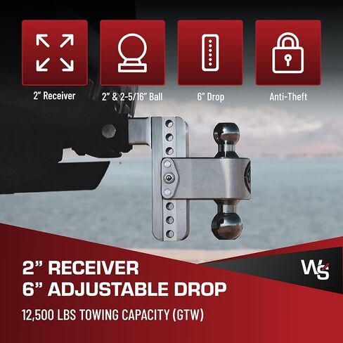 Weigh Safe Adjustable Trailer Hitch Ball Mount, 6" Adjustable Drop Hitch for 2" Receiver w/ 4 pc Keyed Alike Lock Set, Heavy Duty Aluminum Trailer Tow Hitch w/Chrome Plated Tow Balls, 12,500 lbs GTW in Kuwait
