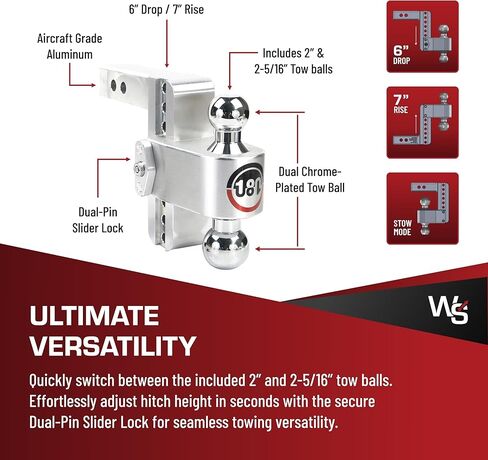 Weigh Safe Adjustable Trailer Hitch Ball Mount, 6" Adjustable Drop Hitch for 2" Receiver w/ 4 pc Keyed Alike Lock Set, Heavy Duty Aluminum Trailer Tow Hitch w/Chrome Plated Tow Balls, 12,500 lbs GTW in Kuwait