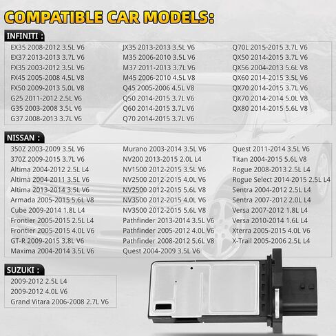 مستشعر تدفق الهواء الشامل MAF متوافق مع Nissan 2003-2014 Altima Frontier Rogue Xterra Titan لإنفينيتي G35 G37 EX35 QX56 Q70 يستبدل OE# 22680-CA000، 22680-7S000، 22680-7S00A in Kuwait