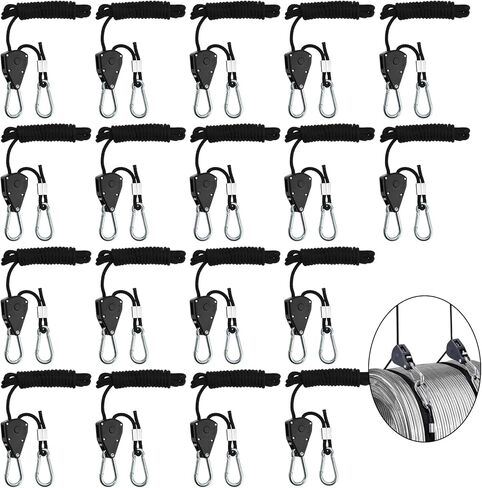 18 Pack Rope Clip Hanger 1/8 Inch 6.6 FT Adjustable Lifting Pulley Lanyard Hanger with M5 Iron Galvanized Carabiner, Reinforced Metal Internal Gears Ratchets 150lbs Capacity, Black in Kuwait