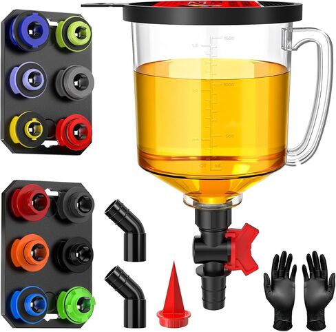 19-Piece No Spill Engine Oil Funnel Kit | 1.6QT Oil Change Kit w/ 12 Adapters, 2 Magnetic Trays, 45° Elbows, Arrow Filter & Gloves | Transparent Body w/Scale & Shut-Off Valve | Universal Fit in Kuwait