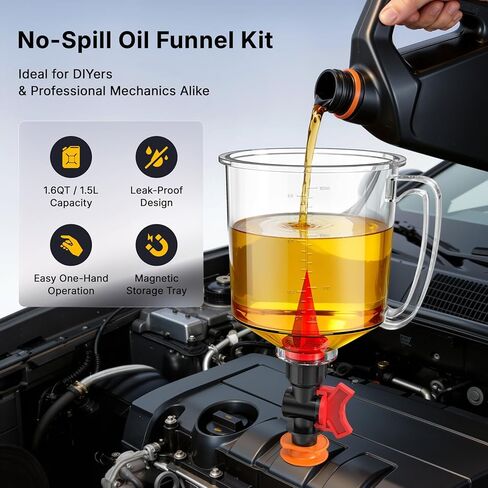 19-Piece No Spill Engine Oil Funnel Kit | 1.6QT Oil Change Kit w/ 12 Adapters, 2 Magnetic Trays, 45° Elbows, Arrow Filter & Gloves | Transparent Body w/Scale & Shut-Off Valve | Universal Fit in Kuwait