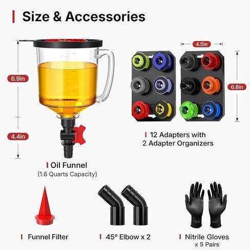 19-Piece No Spill Engine Oil Funnel Kit | 1.6QT Oil Change Kit w/ 12 Adapters, 2 Magnetic Trays, 45° Elbows, Arrow Filter & Gloves | Transparent Body w/Scale & Shut-Off Valve | Universal Fit in Kuwait