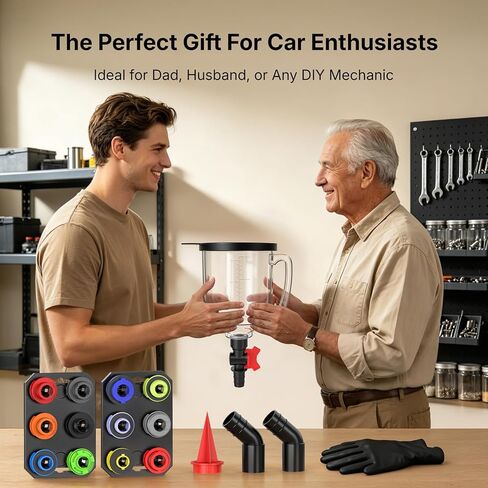 19-Piece No Spill Engine Oil Funnel Kit | 1.6QT Oil Change Kit w/ 12 Adapters, 2 Magnetic Trays, 45° Elbows, Arrow Filter & Gloves | Transparent Body w/Scale & Shut-Off Valve | Universal Fit in Kuwait