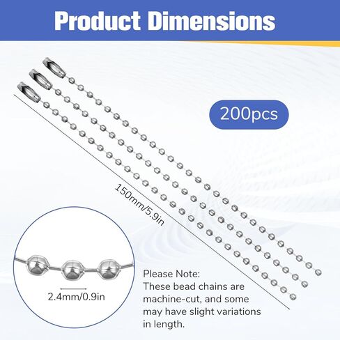 200 Pcs Bead Chain 5.9 Inch Long Metal Ball Chain Keychain 2.4mm Balls Chains Connectors Beaded Key Chains for Jewelry Making Keychains Crafts DIY Hanging Decoration (Silver) in Kuwait