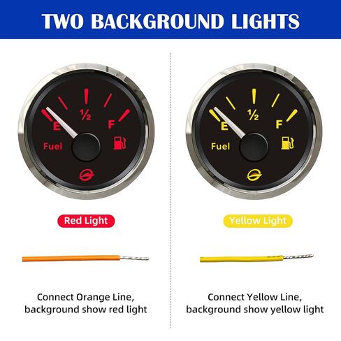 52mm 2" 0-190 ohm Fuel Gauge for Boat 12V/24V Analog Signal Fuel Level E-1/2-F Range Display with Red or Yellow LED Backlight for RV, Marine, Truck, Waterproof Stainless Steel Frame in Kuwait