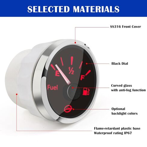 52mm 2" 0-190 ohm Fuel Gauge for Boat 12V/24V Analog Signal Fuel Level E-1/2-F Range Display with Red or Yellow LED Backlight for RV, Marine, Truck, Waterproof Stainless Steel Frame in Kuwait