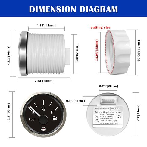 52mm 2" 0-190 ohm Fuel Gauge for Boat 12V/24V Analog Signal Fuel Level E-1/2-F Range Display with Red or Yellow LED Backlight for RV, Marine, Truck, Waterproof Stainless Steel Frame in Kuwait