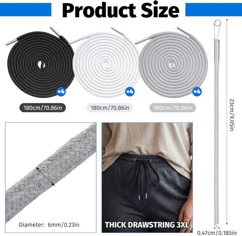 13pcs Replacement Drawstring with Easy Threader Tool, 72 Inches 3XL Drawstring Cord Kit, Reliable Drawstrings for Sweatpants Round Hoodie Strings Draw String Replacement for Pants(Gray, Black, White) in Kuwait