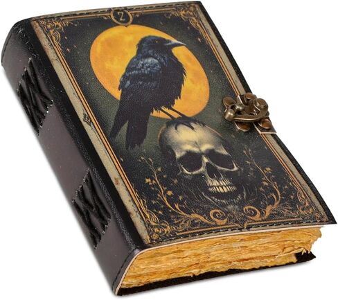 Leather Vintage Grimoire Journal | Gothic Raven Crow Skull Witchcraft Spell book | Wicca Halloween Notebook Gift for Men & Women (5x7 inches) in Kuwait