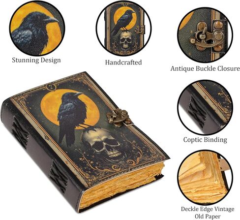 Leather Vintage Grimoire Journal | Gothic Raven Crow Skull Witchcraft Spell book | Wicca Halloween Notebook Gift for Men & Women (5x7 inches) in Kuwait