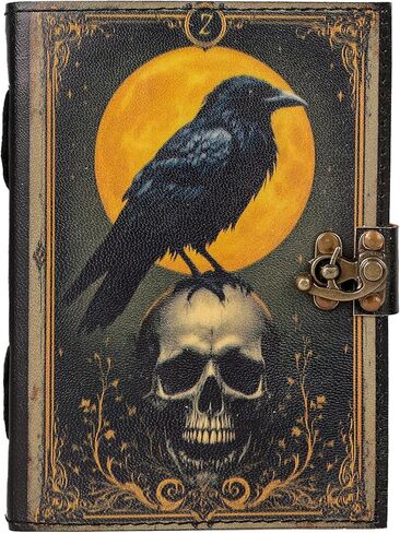 Leather Vintage Grimoire Journal | Gothic Raven Crow Skull Witchcraft Spell book | Wicca Halloween Notebook Gift for Men & Women (5x7 inches) in Kuwait
