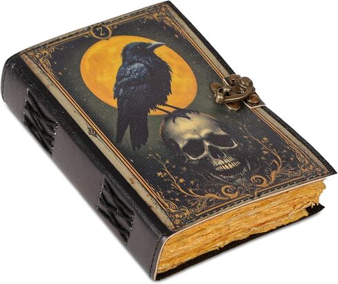 Leather Vintage Grimoire Journal | Gothic Raven Crow Skull Witchcraft Spell book | Wicca Halloween Notebook Gift for Men & Women (5x7 inches) in Kuwait