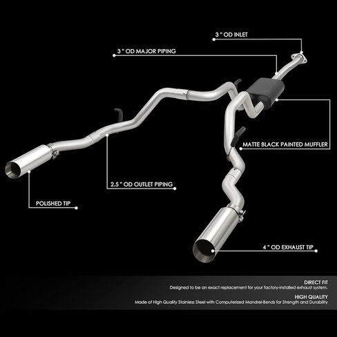 DNA Motoring CBE-UR-002 Dual Exhaust Side Exit/Rear Exit Cat-Back Compatible with 2009-2014 F-150 4.6L 5.0L 5.4L,3" OD Inlet / 2.5" OD Outlet in Kuwait