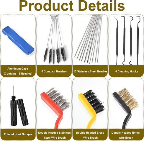 Carburetor Cleaning Kit, Includes 13 Needles 4 Cleaning Hooks 3 Single-Head Brush 5 Nylon Brush 10 Single-Headed Needles 1 Pointed Hook Scraper for Mowers Welder Motorcycles ATVs Chainsaws Jet in Kuwait