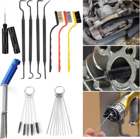 Carburetor Cleaning Kit, Includes 13 Needles 4 Cleaning Hooks 3 Single-Head Brush 5 Nylon Brush 10 Single-Headed Needles 1 Pointed Hook Scraper for Mowers Welder Motorcycles ATVs Chainsaws Jet in Kuwait