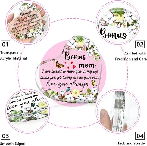Bonus Mom Mothers Day Gifts - Acrylic Mother in Law Gifts from Daughter Son Step Mom Gifts for Mothers Day Birthday Christmas Retirement Gift Ideas Paperweight Keepsake Decorations in Saudi Arabia