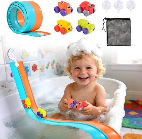 Race Car Bath Toy Set, Flexible Race Track with 4 Cars and Suction Cup, Flex Car Track Bathtub Toys, DIY Cars Bath Toys Gifts for Boys Girls Ages 3+ in Kuwait