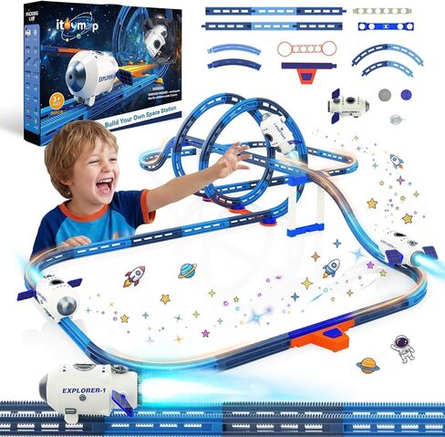 Electric Space Rocket Car Track Set with Mist Spray & Blue Lights - 86 PCS DIY STEM Building Race Track Toy with Suction Cups, Birthday Gift for Boys Girls Ages 3 4 5 6 in Kuwait