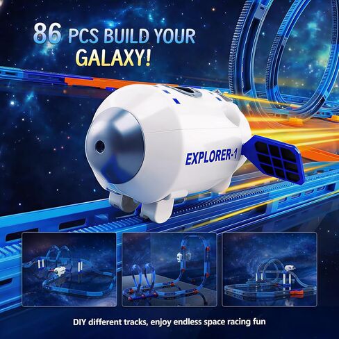 Electric Space Rocket Car Track Set with Mist Spray & Blue Lights - 86 PCS DIY STEM Building Race Track Toy with Suction Cups, Birthday Gift for Boys Girls Ages 3 4 5 6 in Kuwait