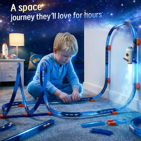 Electric Space Rocket Car Track Set with Mist Spray & Blue Lights - 86 PCS DIY STEM Building Race Track Toy with Suction Cups, Birthday Gift for Boys Girls Ages 3 4 5 6 in Kuwait