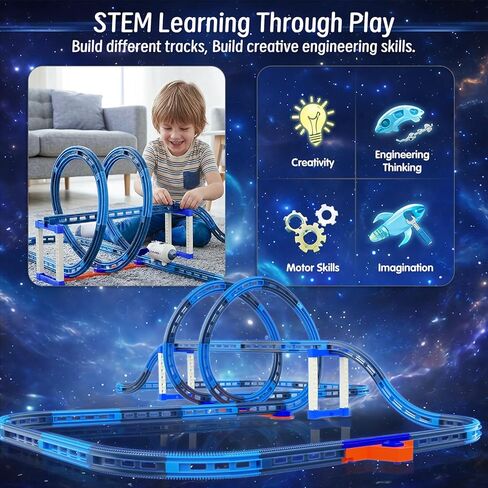 Electric Space Rocket Car Track Set with Mist Spray & Blue Lights - 86 PCS DIY STEM Building Race Track Toy with Suction Cups, Birthday Gift for Boys Girls Ages 3 4 5 6 in Kuwait