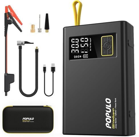 POPULO Car Jump Starter مع ضاغط هواء، صندوق حزمة معزز محمول 12 فولت 59.2 وات في الساعة مع منفاخ إطارات رقمي 150 رطل لكل بوصة مربعة، مشابك ذكية ممتدة، مشغل بطارية تلقائي 3000 أمبير 4 في 1 (جميع الغاز/12 لتر ديزل) in Kuwait