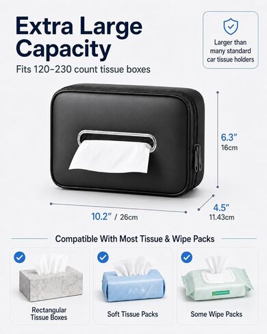 Leather Car Tissue Holder, Extra Large Tissue Holder for Car, Fits 120–230 Count Rectangular Tissue Boxes, Wider Opening for Easy Access, Dual Zipper for Headrest,Console,Seat Back in Kuwait